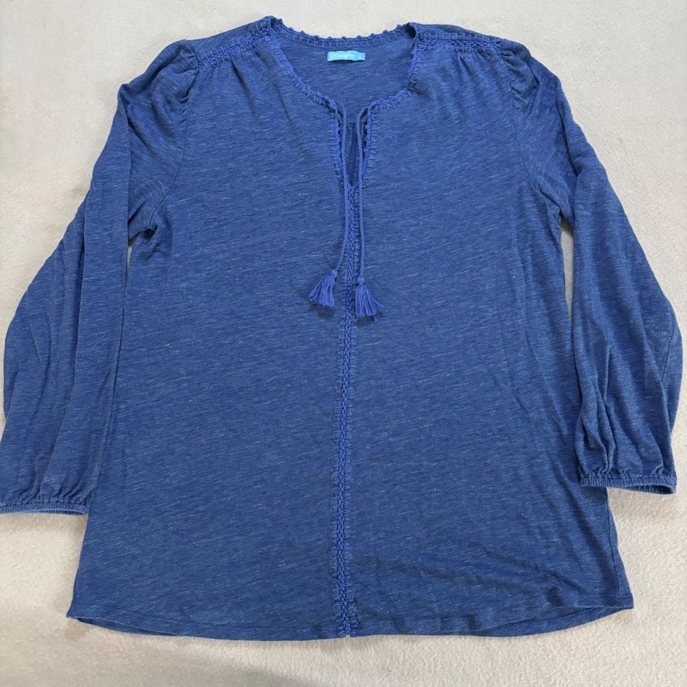 J.McLaughlin Blue Linen Blend Tassel Tie Crochet Trim Blouse Small